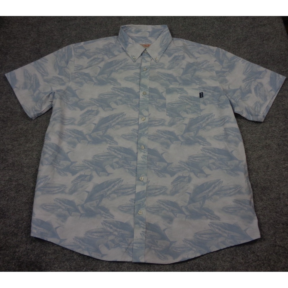 Huk Fishing S/S Button Down Shirt Men's XL All Over Fish Print Mahi AOP‎ Stretch